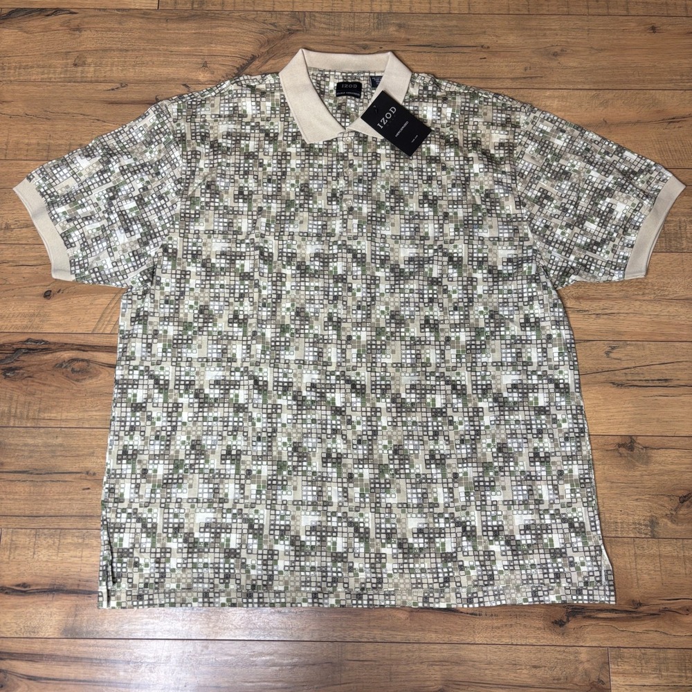 IZOD Golf Mens XXL Polo Shirt Green Tan Geometric Double Mercerized Cotton NWT